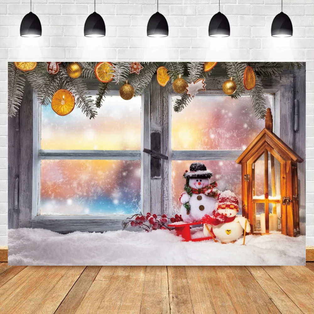 Laeacco Winter Schnee Ansicht Vinyl Hintergrund Weihnachten Kiefer Blätter Fensterbank Schneemann Kerze Baby Portrait Fotografie Hintergrund
