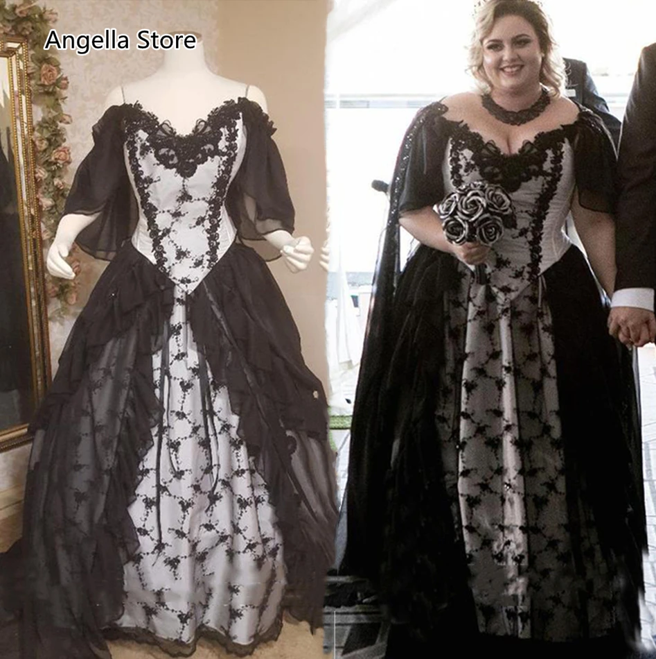 Vintage Black ชุดแต่งงานสีขาวปิดไหล่ชุดไปงานเต้นรำเยอรมนี Gothic Victorian ชุดเจ้าสาว Retro Vestidos De Novia