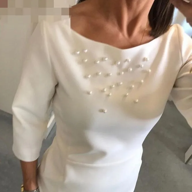 Vestidos blancos hasta la rodilla para madre de la novia, perlas de dos piezas con chaqueta de satén para boda, fiesta, graduación, novio