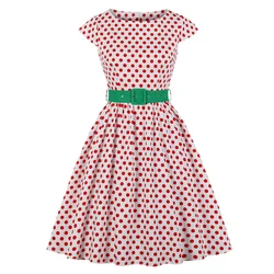 Women Polka Dot Vintage Rockabilly Dress with Green Belt Woman Clothes O Neck A Line Short Sleeve A Line Elegant Pin Up Dresses