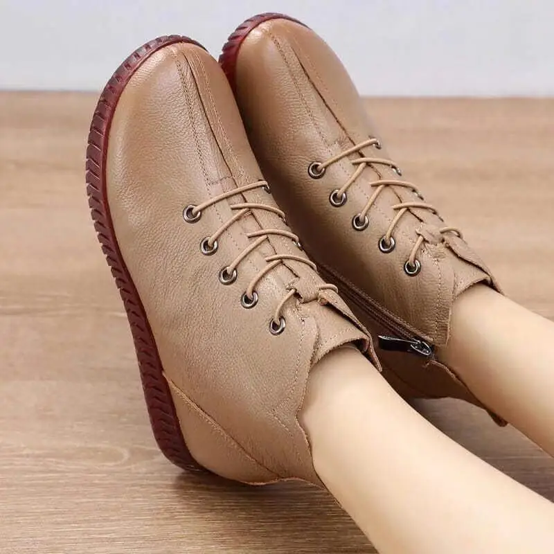 Winter Leather Women Ankle Boots Lady Soft Lace up Flat Shoes Comfortable Casual Moccasins Side Zip Plush Warm Short Boots Women