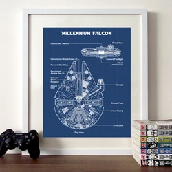 Schematic Diagram Art Poster Space Wars Canvas Prints Millennium Falcon Blueprint Canvas Painting Boys Room Sci-Fi Wall Decor