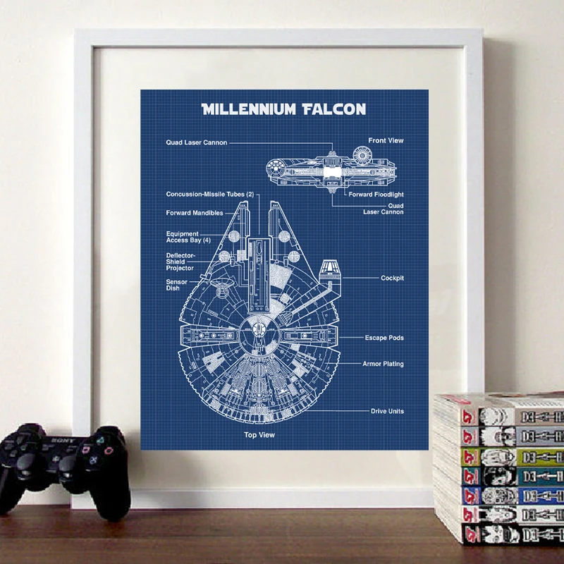 Schematic Diagram Art Poster Star Wars Canvas Prints Millennium Falcon Blueprint Canvas Painting Boys Room Sci-Fi Wall Decor