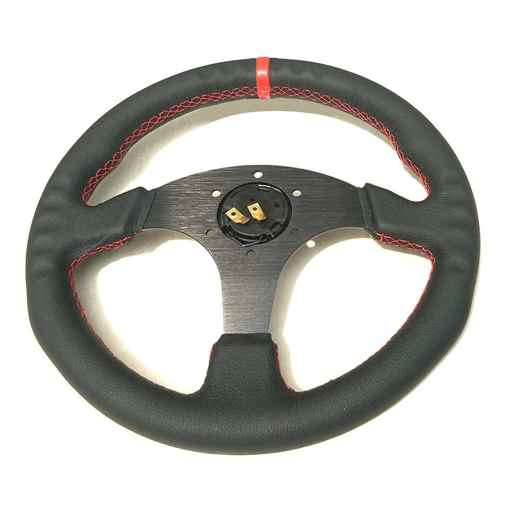 13\'\' Volante Car Sport Steering Wheel 330mm Flat Genuine Leather Game Steering Wheel For PC Red/Yellow Stitching