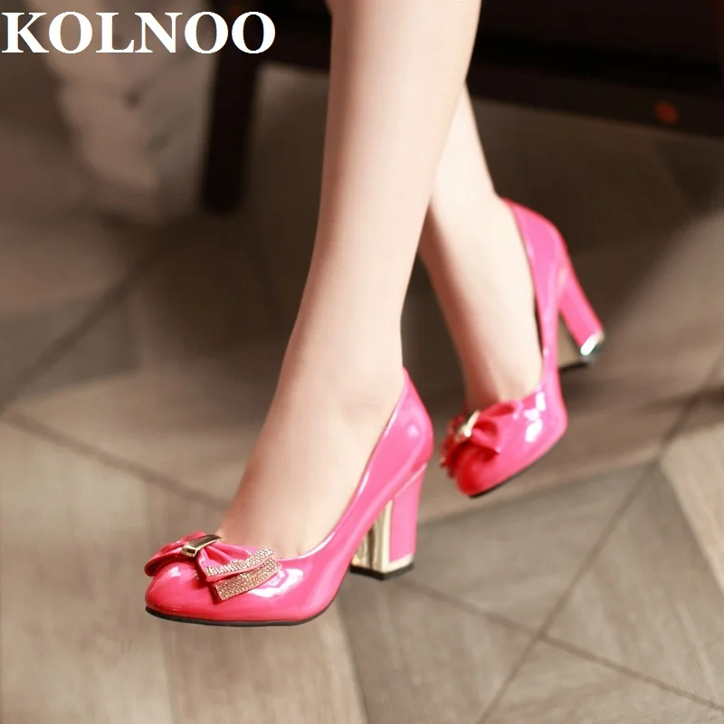 

KOLNOO Handmade Ladies Thick Heels Pumps Patent Leather Butterfly-Knot Slip-On Evening Party Prom Fashion Daily Wear Court Shoes