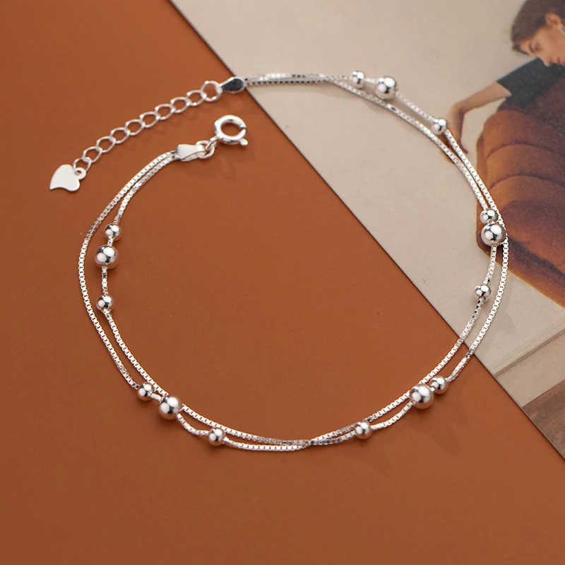 

925 Sterling Silver Bead Anklet Female Double Box Chain Woman Jewelry Gifts For Girlfriend Bracelet On The Leg Summer Accessorie