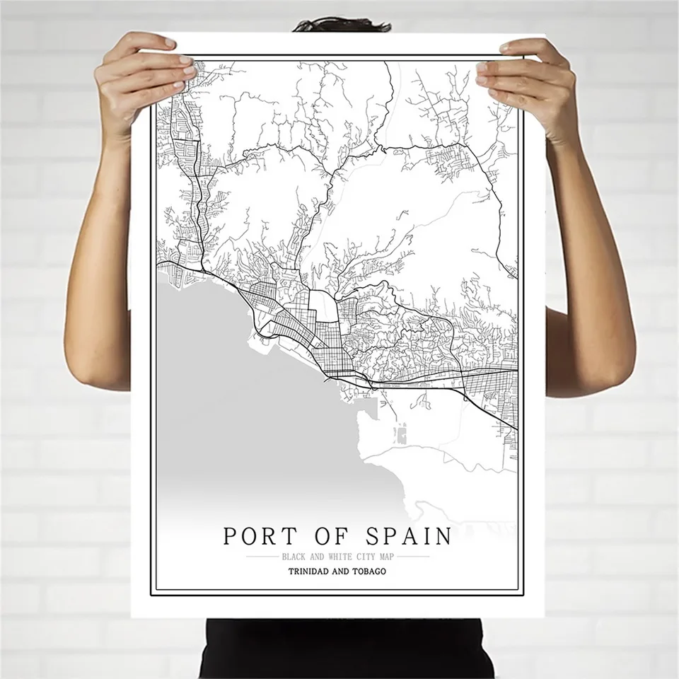 Trinidad and Tobago map Port of spain Abstract Canvas Painting Black and white Wall Art Print Poster Picture Home Decoration