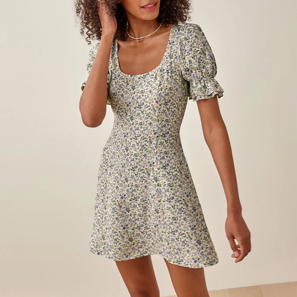 

Women Dresses Summer 2021 Scoop Neck Short Puff Sleeve Beach Style Mini Dress Waist Back Tie Floral Print Elegant Vintage Dress