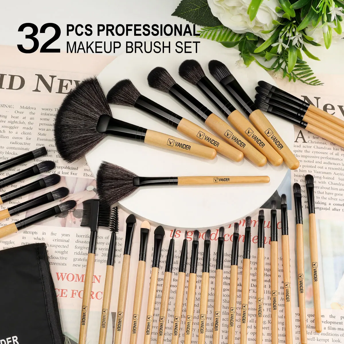 Natural Hair Makeup Brush Set, Cosméticos, Fundação, Pó, Sombra, Sobrancelha, Premium de madeira, Make Up Tool, 32Pcs