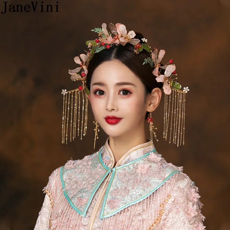 JaneVini Newest Design Pink Diamond Headband China Ancient Bridal Beaded Flowers Hair Pins and Clips Tassel Earrings Wedding