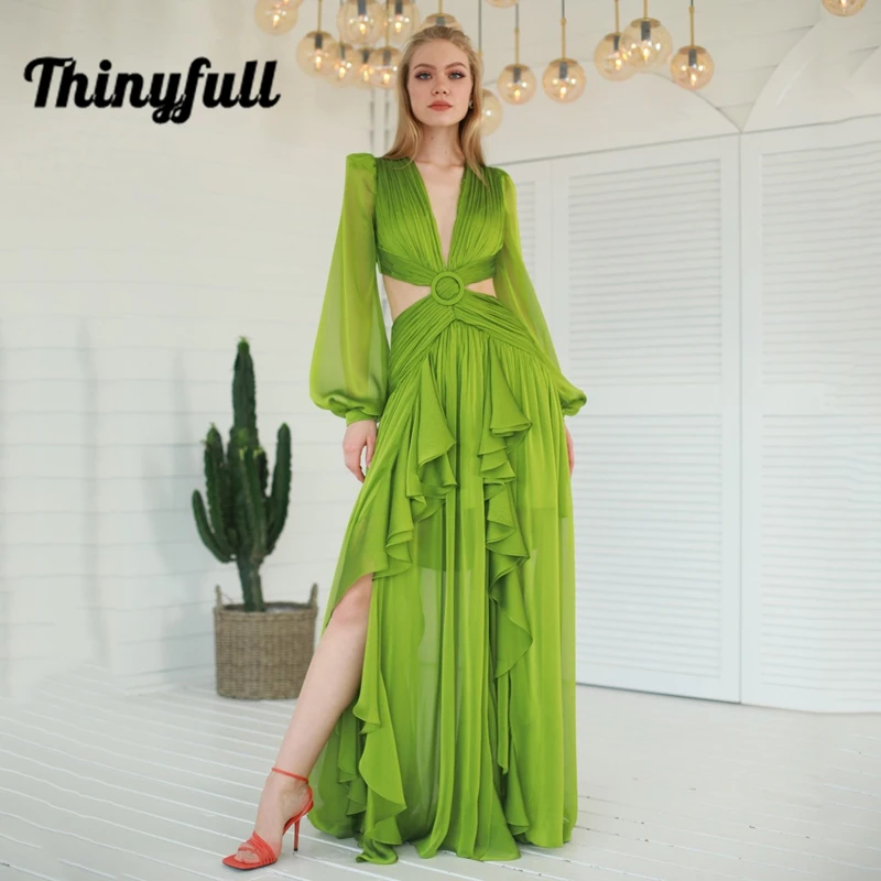 Thinyfull-vestidos de fiesta de noche con cuello en V, línea Irregular, longitud hasta el suelo, manga abombada, ahuecados, color verde, talla personalizada