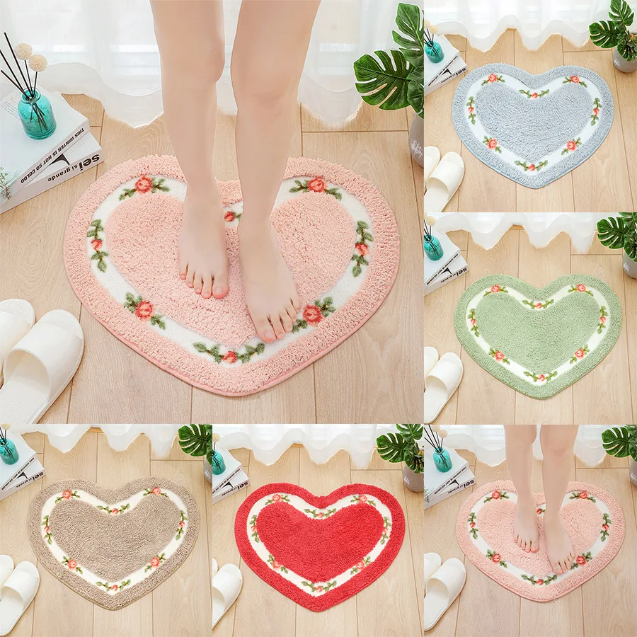 Heart Shape Bathroom Mat, Flower Pattern, Toilet Bath Carpets, Anti-slip, WC Area Floor Rug, Washable Doormat, Bedroom Decor