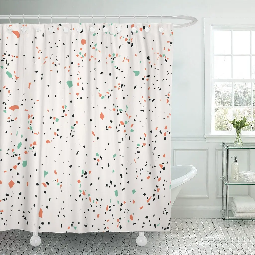 Black Stone Terrazzo Marble Gray Abstract Architecture Waterproof Polyester Fabric Shower Curtain 72 x 72 inches Set with Hooks