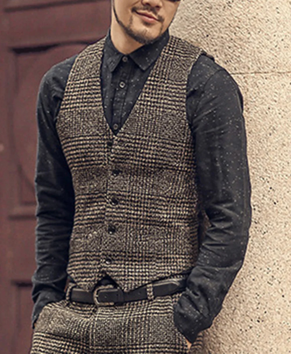 2020 Winter Men’s Vest Woolen Casual Plaid European Style Waistcoat Slim Fashion Groomsmen CoatFor Wedding