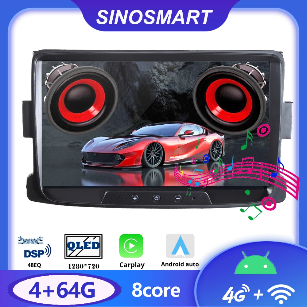 Sinosmart Andriod 12 Car GPS Navigation Radio for Renault Duster/Logan/Dokker/Sandero/Lodgy 2012-18 8 Core CPU DSP QLED Screen