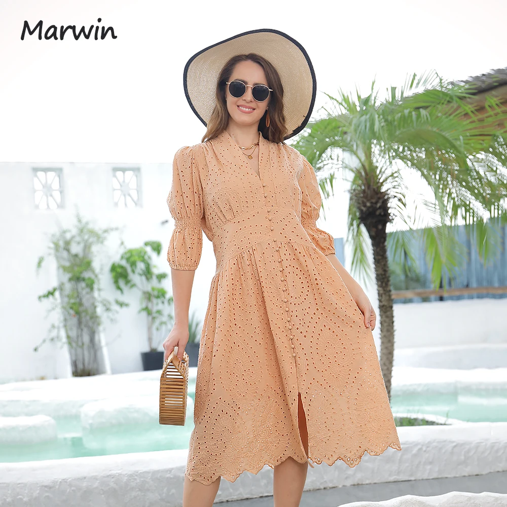 Marwin Long Simple Casual Solid Hollow Out Pure Cotton Holiday Style High Waist Fashion Mid-Calf Autumn Puff Dresses NEW Vestido