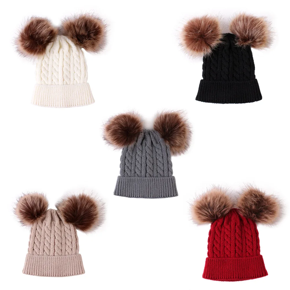 

20pc/lot Brand New Newborn Baby Kids Girls Boys Winter Warm Knit Hat Furry Balls Pompom Solid Warm Cute Lovely Beanie Cap Gifts