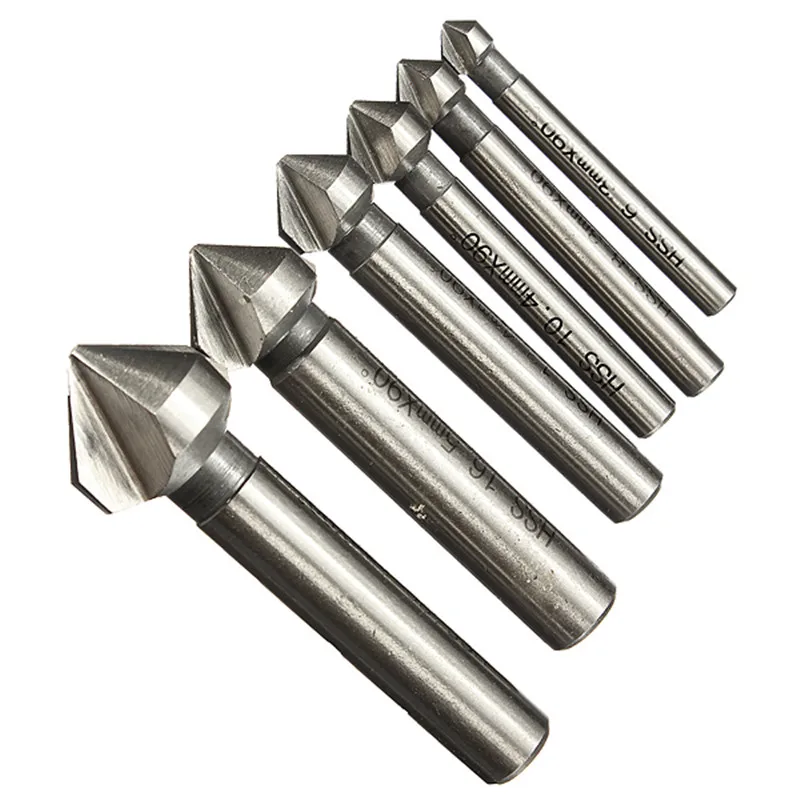 Round shank 6pcs 3 Flute 90 Degree HSS Chamfer Chamfering Cutter End Mill Tool Countersink Drill Bit Set 6.3-20.5MM