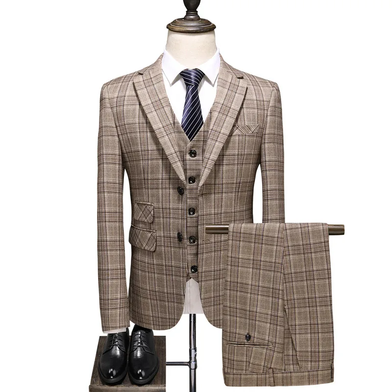 

Men's Khaki Official Plaid Slim Fit Banquet Suit Set 3pcs Blazer Vest Pants / Male High Quality Business Dress Jacket Trousers