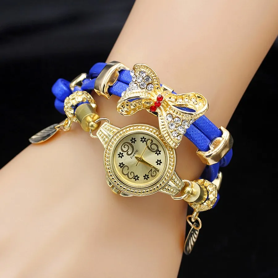 Shsby Fashion Women Rhinestone Watches Ladies Rope Strap Gold Alloy Bowknot Bracelet Quartz Wristwatches Women Dress Watches