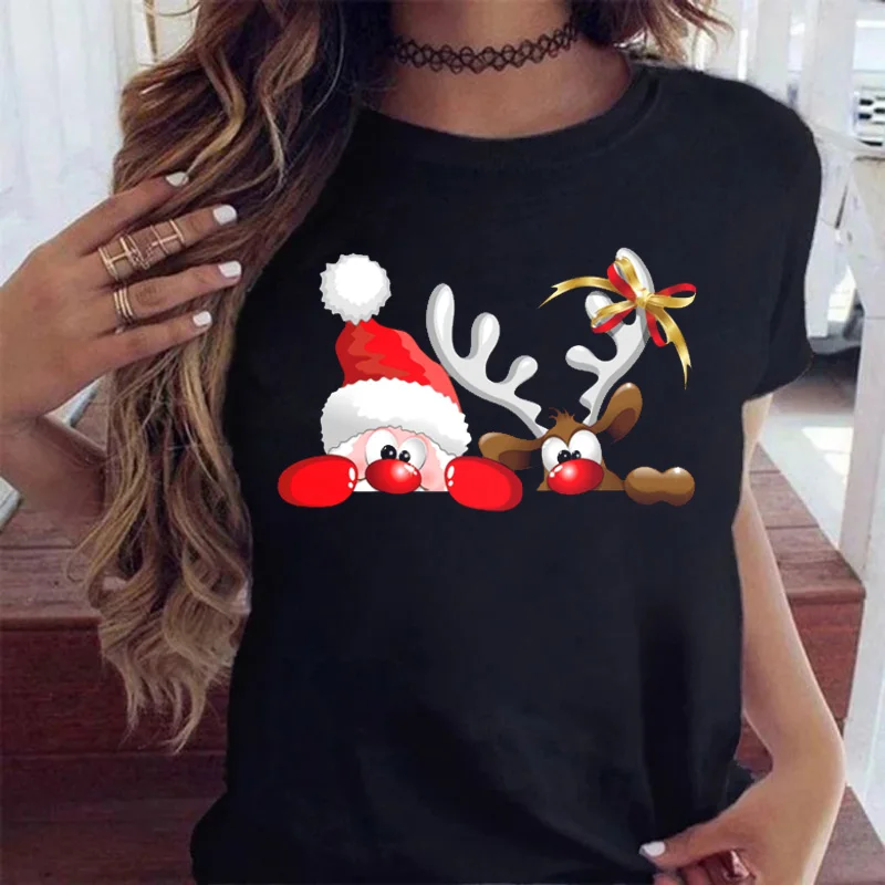 Maycaur Fashion Women\'s Tops Tee Women Merry Christmas Holiday Tshirts Funny Cartoon Santa Reindeer Printed Black T-shirt Female