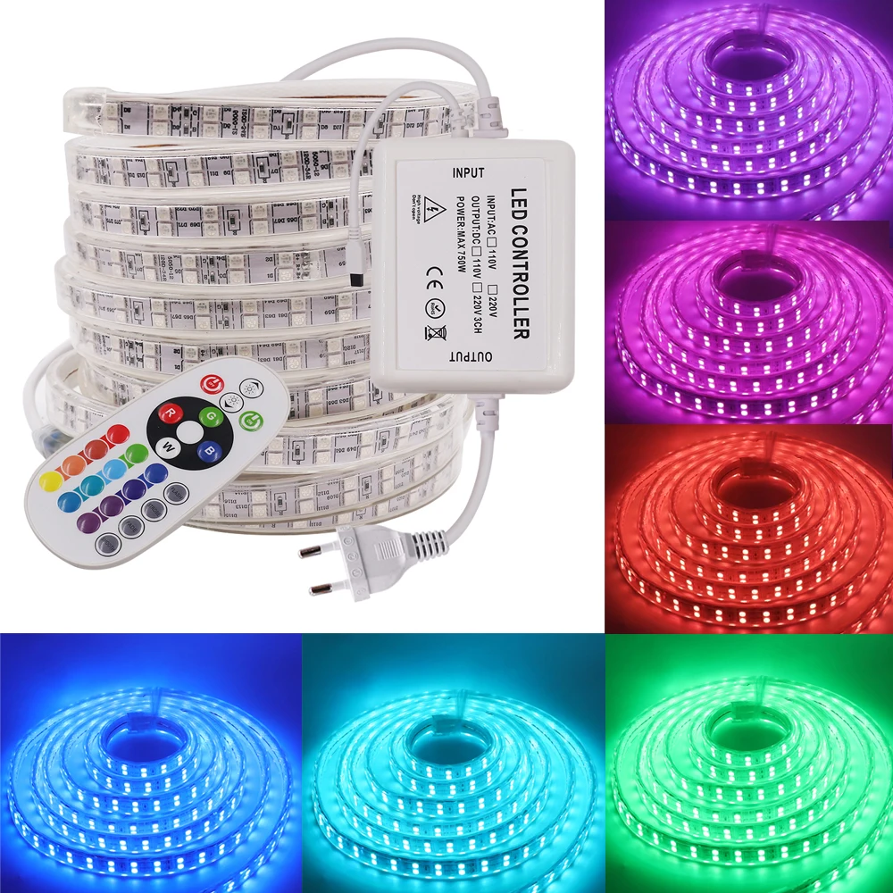 

Super Bright RGB LED Strip Light 5050 220V 120led/60LED Remote Control Waterproof Led Ribbon Flexible LED Strip Home Decoration