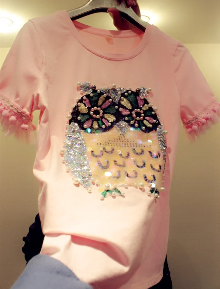 

M-7XL!Heavy Industry shiny Beading t-shirt women summer fashion Crystal Cotton Owl Stretch top tees