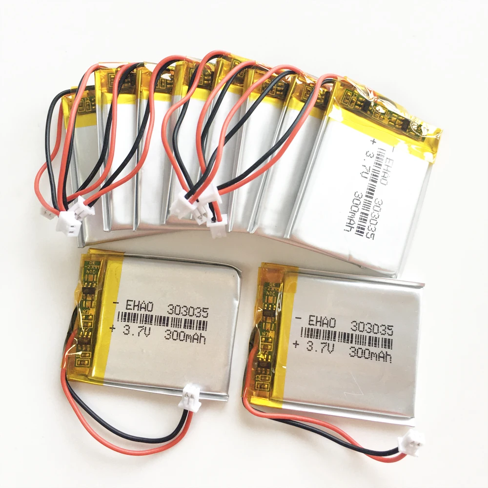 10 X PCS 303035 3.7V 300mAh Lithium Polymer LiPo Rechargeable Battery JST 1.25mm 2Pin Plug For Mp3 DVD E-book Bluetooth Headset