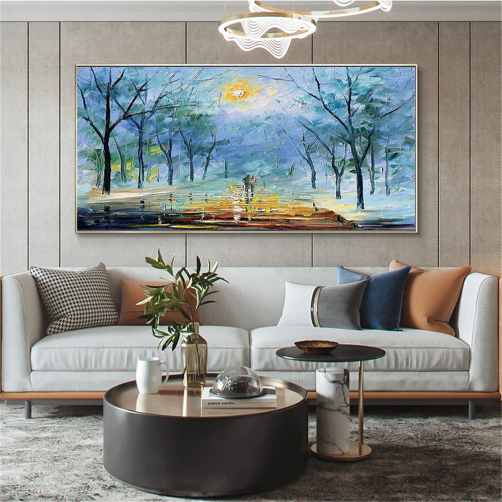 Hand-painted beautiful oil painting modern abstract blue park landscape lovers canvas painting living room decoration mural art