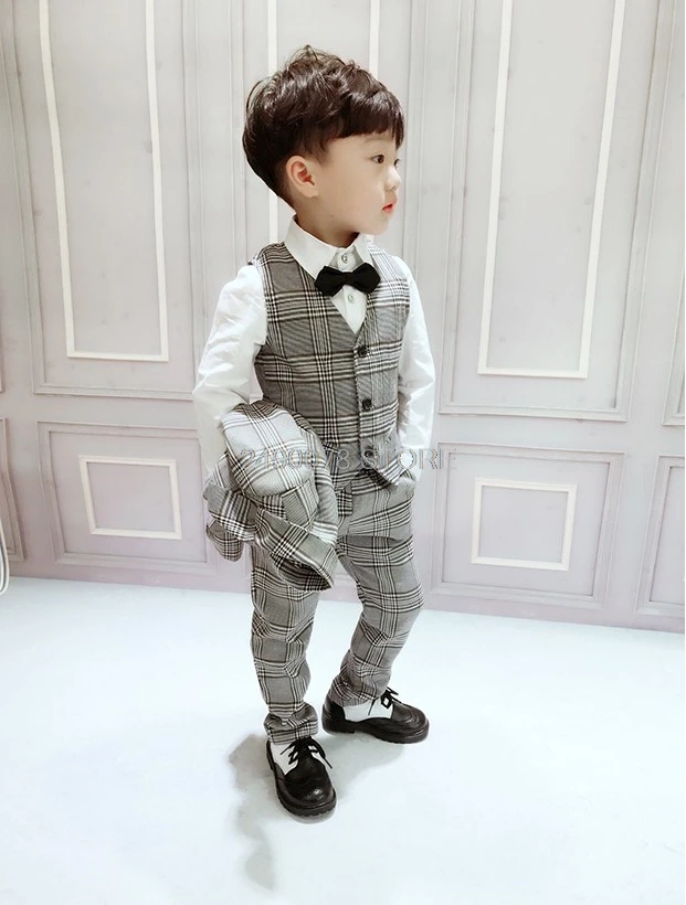 

Flower Boys 3Pcs Formal Plaid Wedding Suit Kids England Style Jacket +Pant Waistcoat Suit for Boys Kids Party Costume