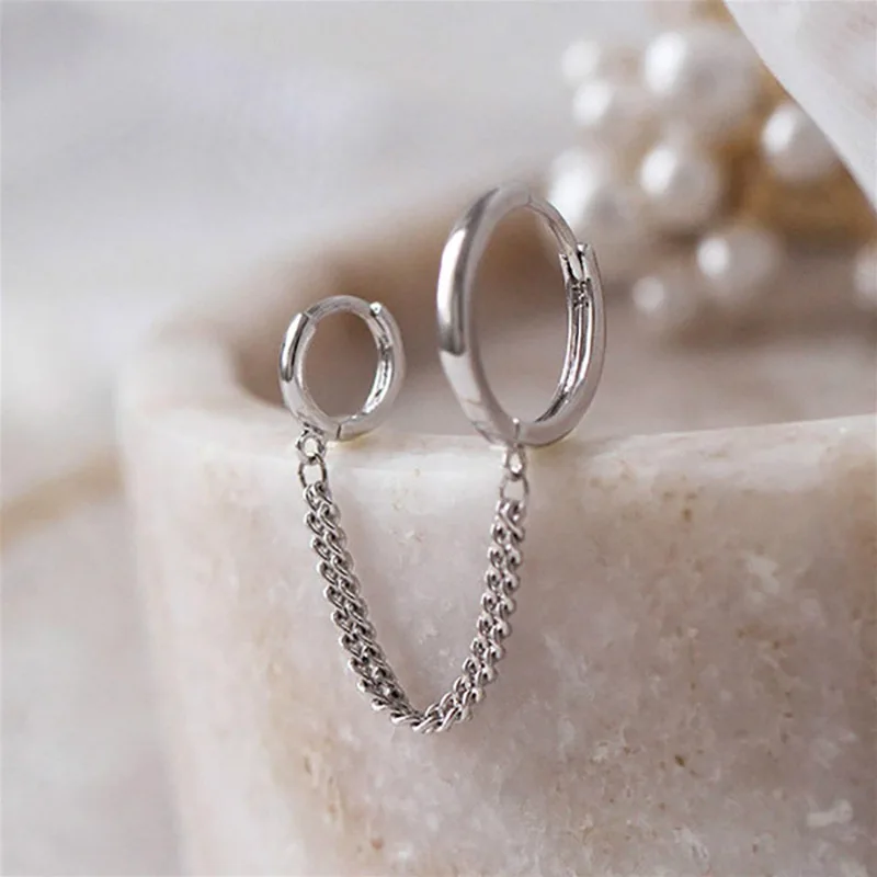 1PCS Stainless Steel Double Ear Hole Link Chain Hoop Earring for Women Ear Jewelry Accessories Gift Wholesale