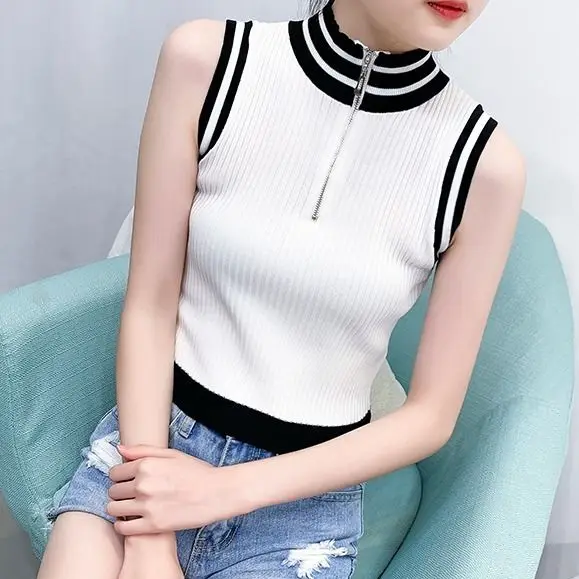 Women Corset Tops High Collar Striped Zipper Vest Summer Sleeveless Top for Women Tank Crop Top For Women