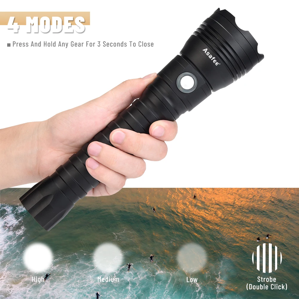 Asafee A28 LED Diving Flashlight P70.2 Tactical Torch Yellow/White Light 4000 Lumen Underwater 100M Waterproof Dive Lamp