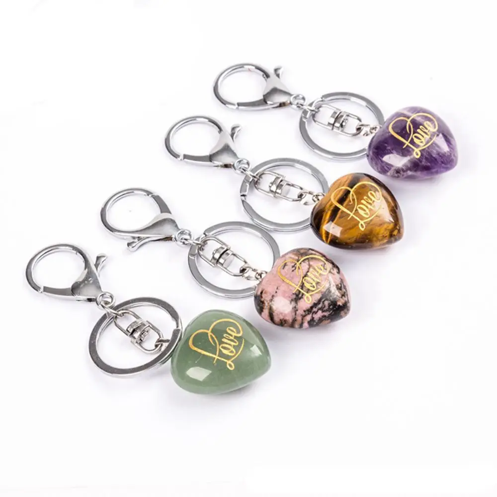 Natural Stone Love Heart-shaped Lovers Keyring Men Women Car Bag Charm Keychain Amethyst Rose Quartz Heal Crystal Hang Accessory
