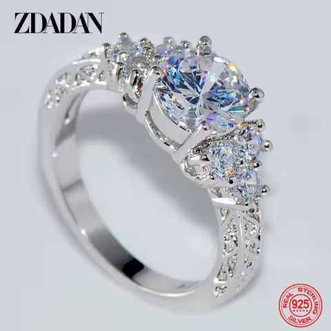 ZDADAN 925 Sterling Silver 8MM Zircon Finger Ring For Women Fashion Wedding Jewelry Accessories Wholesale