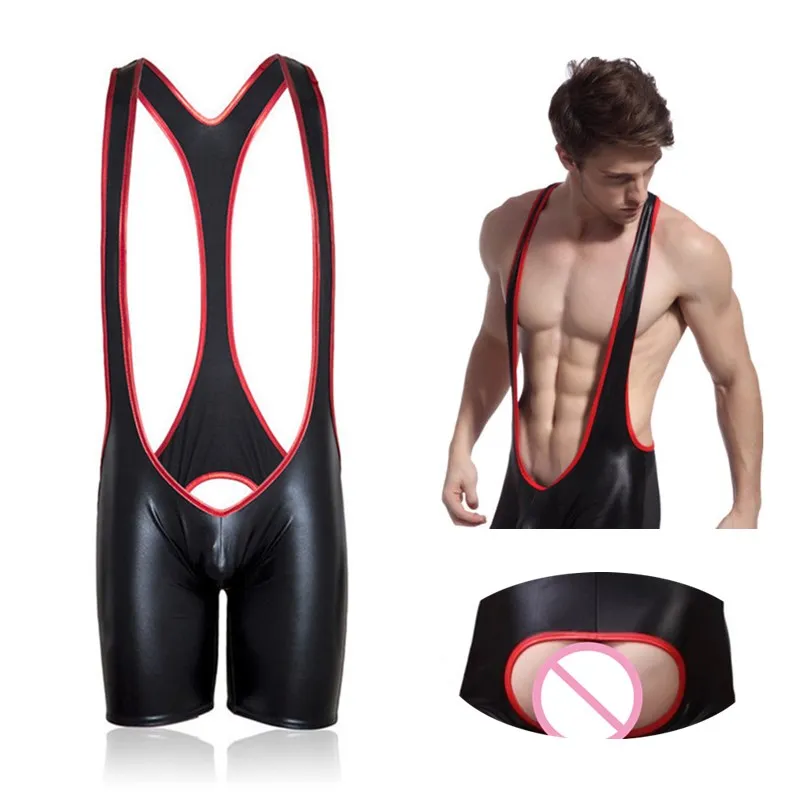 Mens Latex Sexy Leather Open Crotch Pants Fetish Gay Crotchless Pants Pole dance Erotic Costumes for BDSM Bondage Sex games