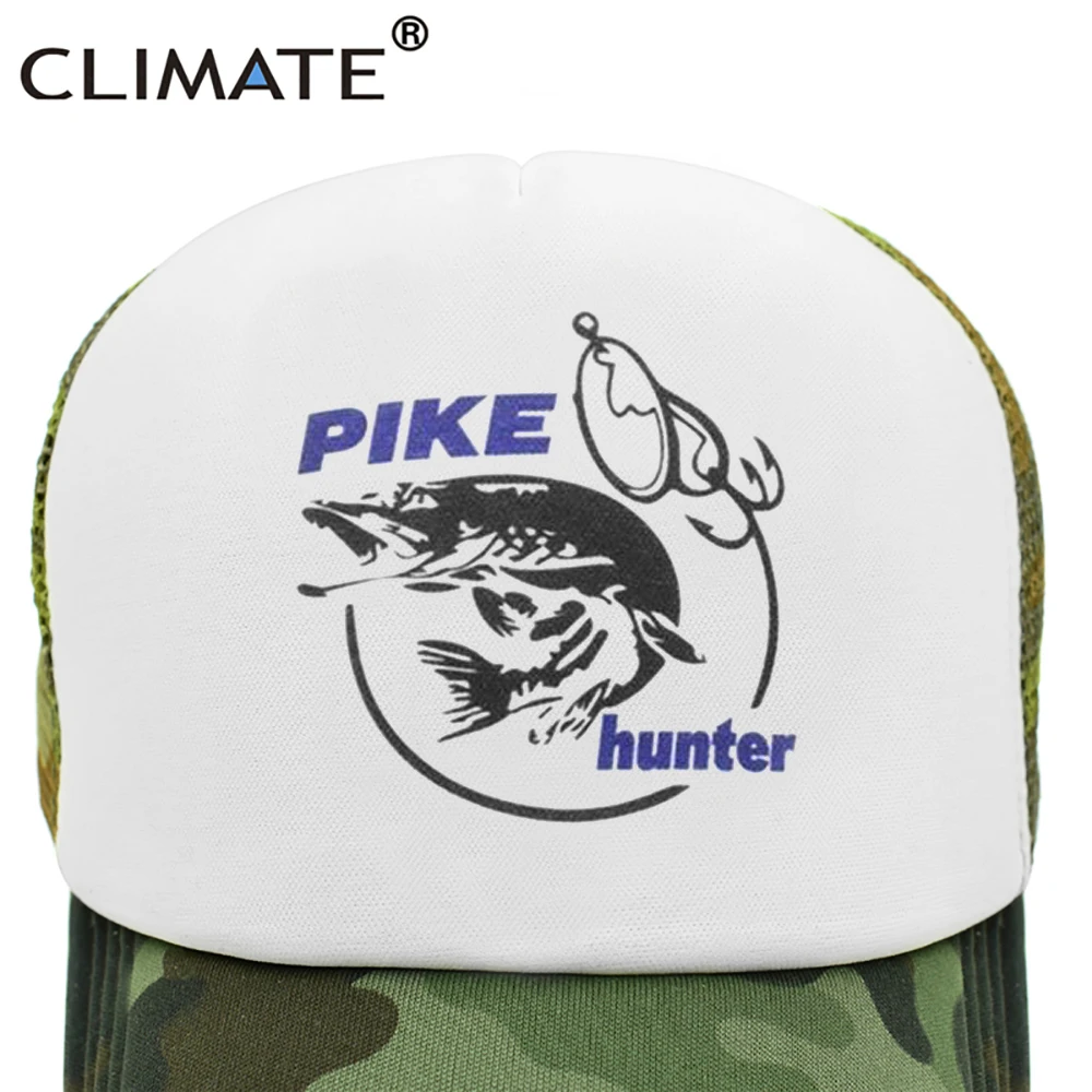 CLIMATE Pike Fish Hunt Trucker Cap Pike Fishing Caps for Man Camouflage Fishing Hat Baseball Cap Cat Summer Cool Mesh Caps Men