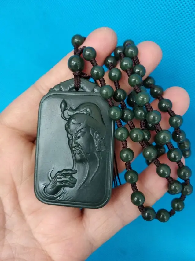 

Nature dark green jadite Amulet Carven God Guan Yu Pendant Mala Bead jade Necklace