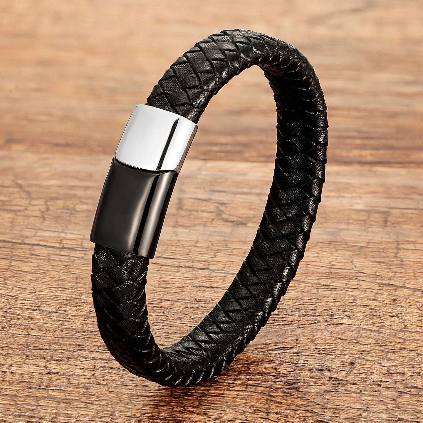Modischer Herrenschmuck, braunes geflochtenes Lederarmband, Charm-Armband mit magnetischem Verschluss aus Edelstahl, Punk-Armband für Männer, Geschenk. – Detail 8