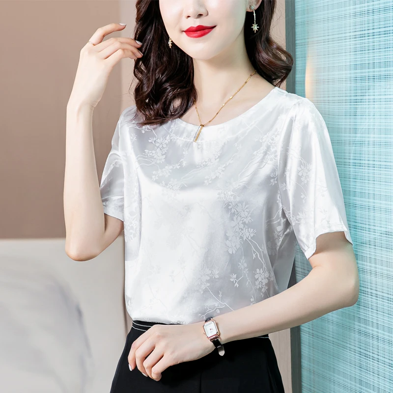 Women\'s Blouse Satin O-Neck Short shirts Pretty and Cheap White Print Silk Fashion Women Blouses 2023 Elegant Summer Female Top