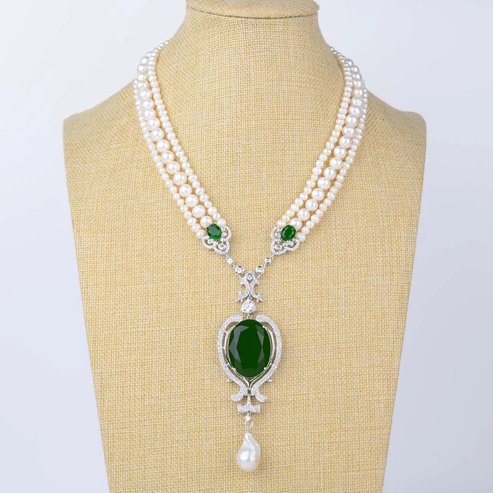 19'' 3 Strands Cultured White Pearl Green Crystal  Keshi Pearl Pendant Necklace