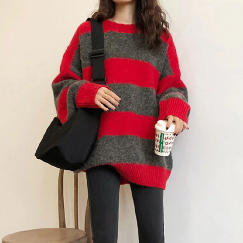 Women Knitted Striped Sweater Winter Casual Long Sleeve Pullover O-Neck Oversized Streetwear Sweater Warm Sueter Mujer