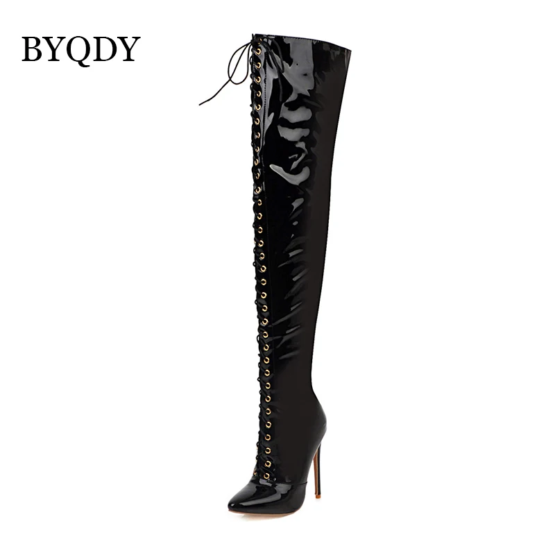 BYQDY Luxury Brand Sexy PU Leather Cross Strap Over the Knee Boots Woman Pointed Toe Bandage Stiletto Heel Long Boots Large Size