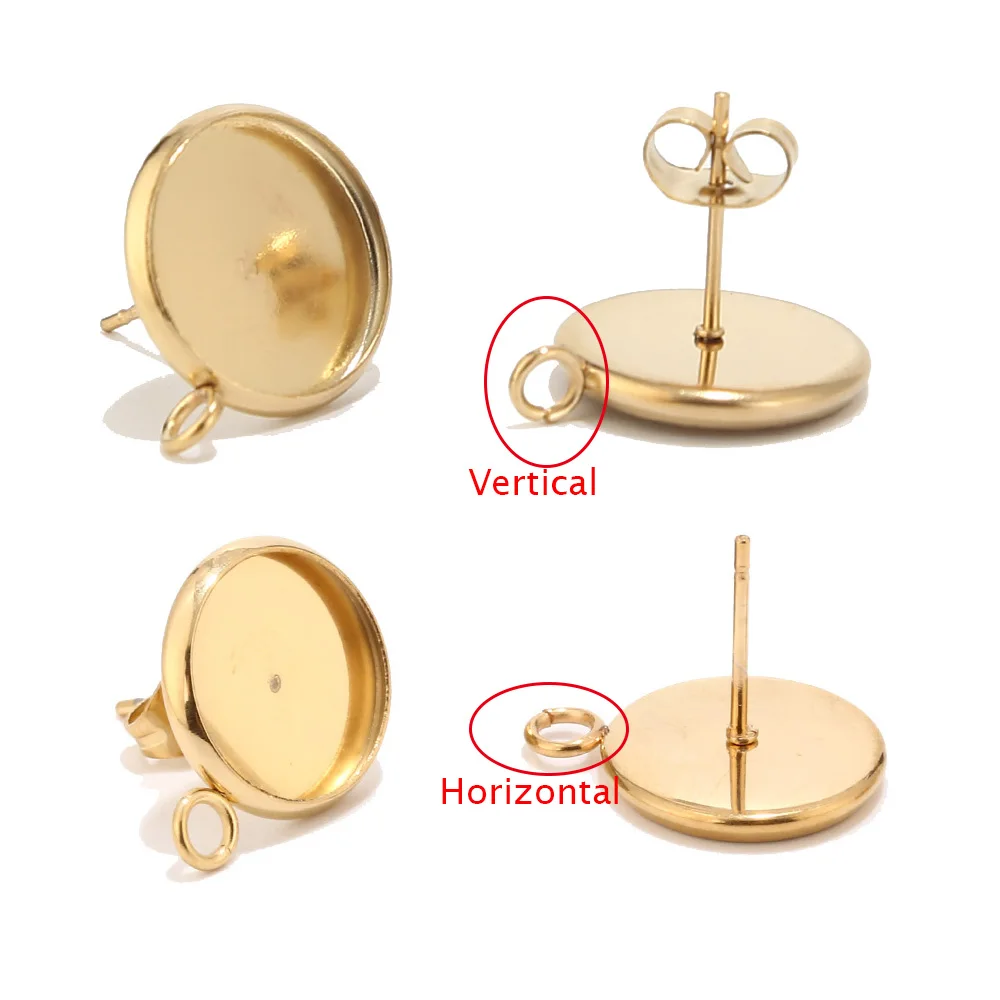 40pcs Wholesale Gold Earring Posts Studs Settings Bezels Cabochons Tacks with Loop 12mm Glue Pad Setting