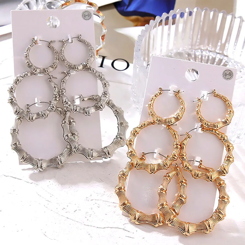 FNIO Statement Gold Color Big Bamboo Circle Hoop Earrings For Women Hip Hop Earrings set Classic Jewelry 3pcs/set