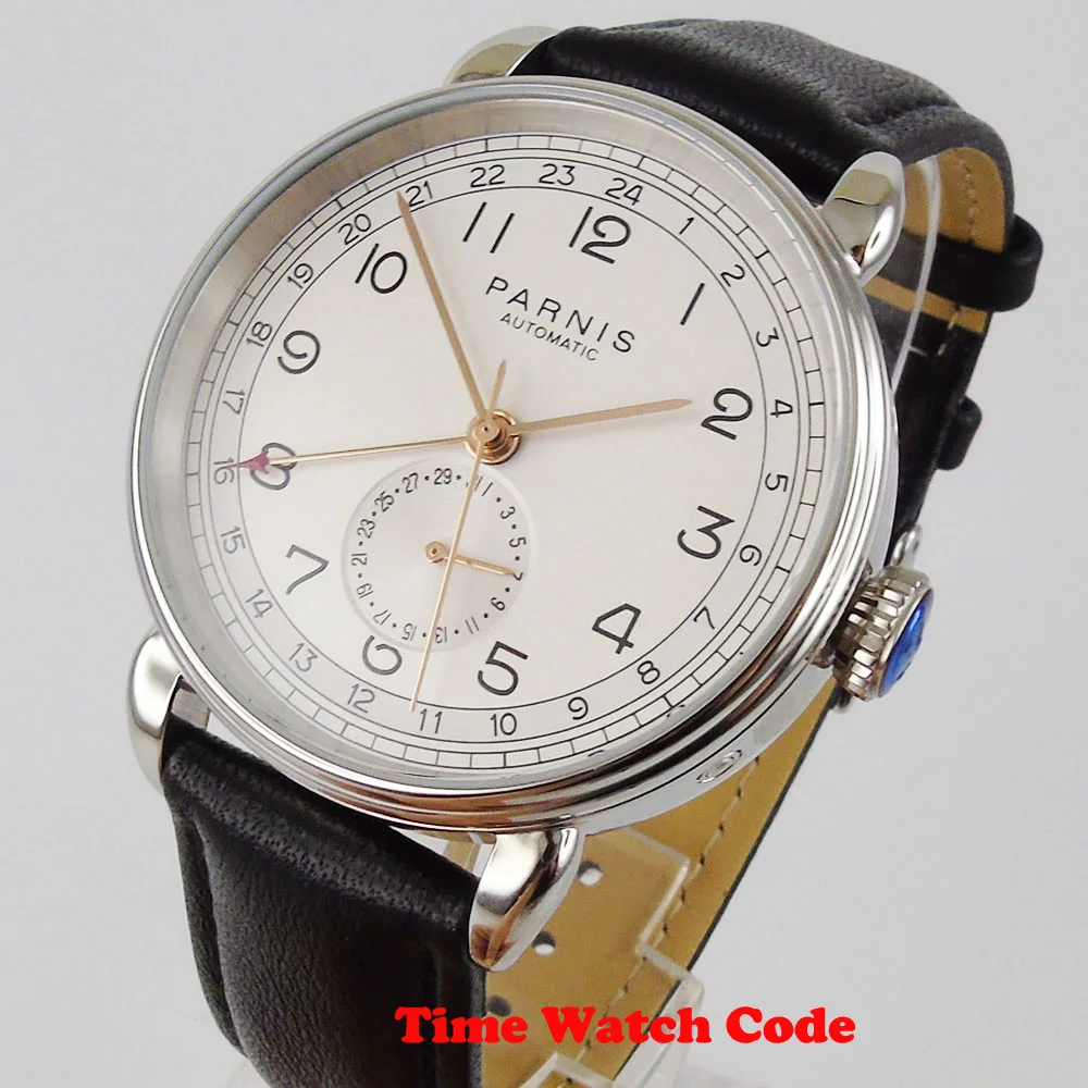 42mm PARNIS White dial black leather strap Date 24 hours ST movement GMT Automatic Men\'s Wristwatch