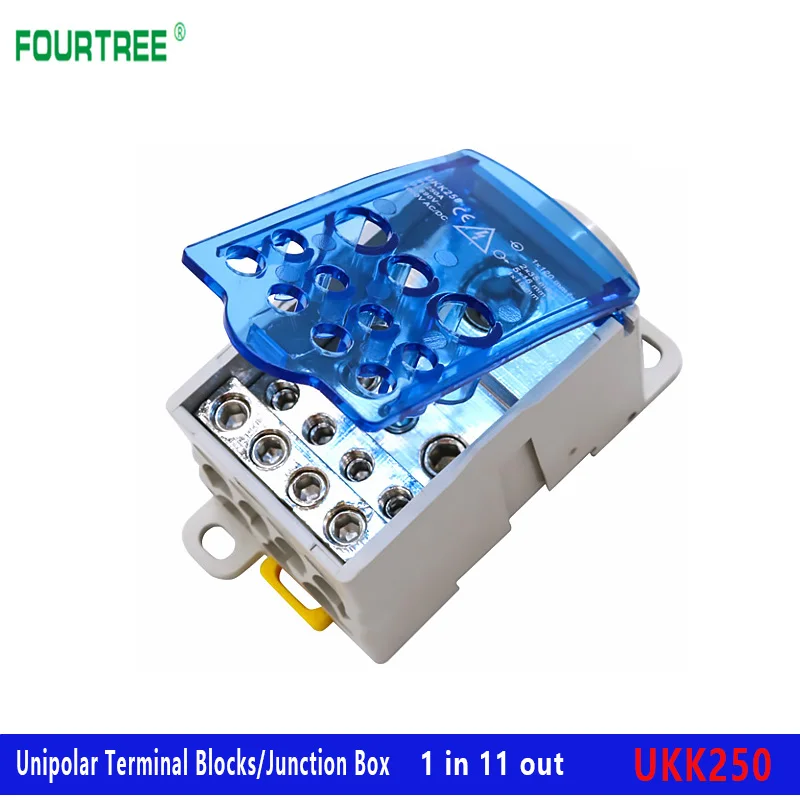 UKK 250 Terminal Blocks Power Distribution Junction Box One In Several Out Universal Electric Wire Connector Din Rail 11 Way Out