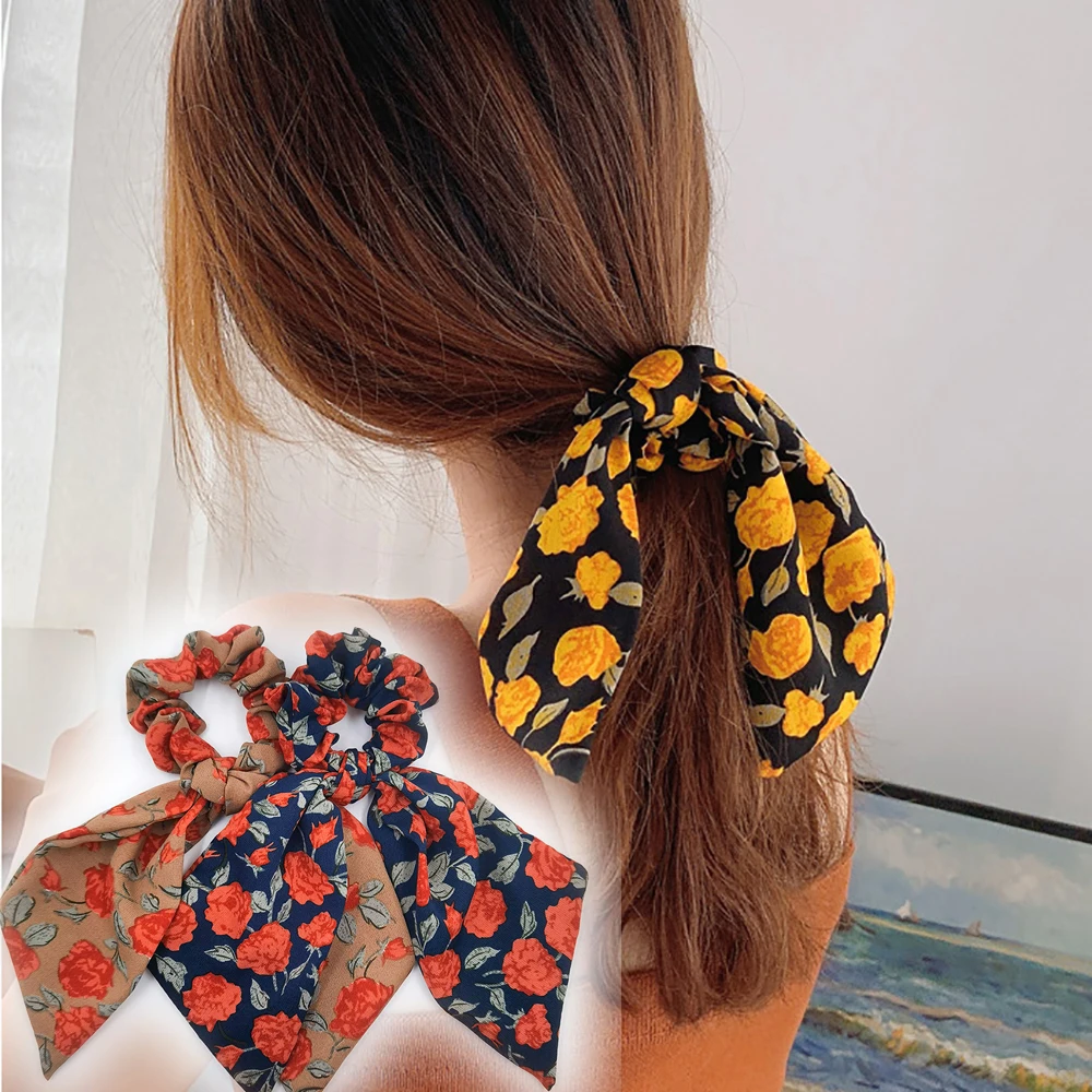 

Long Ribbon Scrunchies Print Bow Elastic Hair Band Women Girls Rope Ponytail Holder Scarf Tie Elegant Headband Hair Accessories