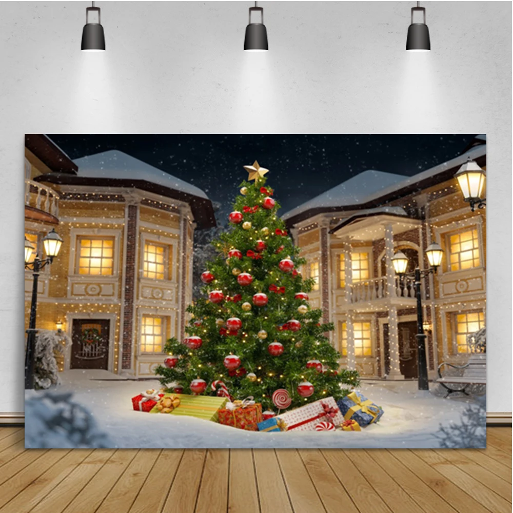 Laeacco-Fondo de foto de Navidad, ventana falsa, paisaje de bosque de invierno, luna de Santa, fondo fotográfico para estudio fotográfico