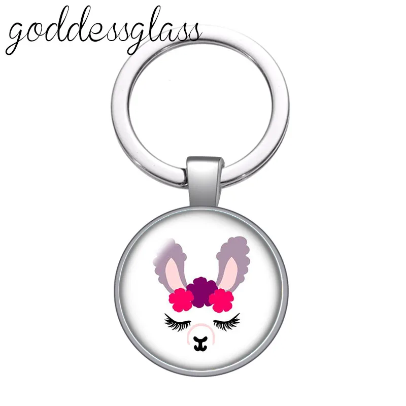 Lovely Alpaca NO DRAMA LLAMA Fashion Cute glass cabochon keychain Bag Car key chain Ring Holder Charms keychains for Gifts